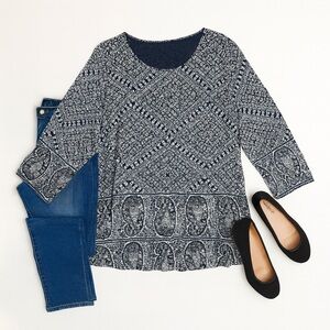 Lucky Brand Top 3X Boho Plus 3/4 Sleeves Navy Blue Cottagecore Floral Round Neck